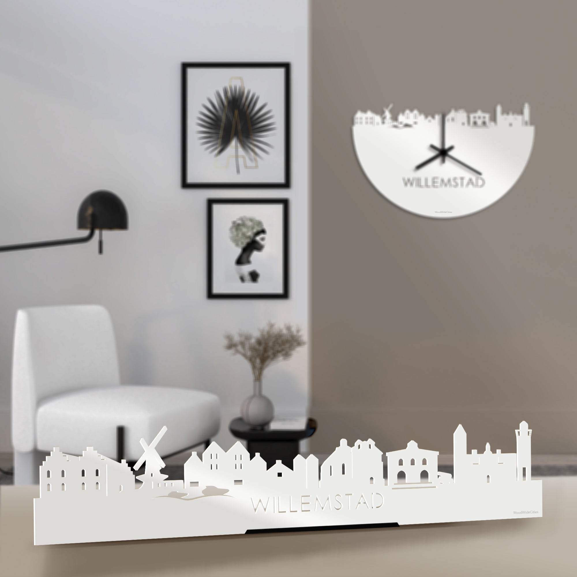 Standing Skyline Willemstad Wit glanzend gerecycled kunststof cadeau decoratie relatiegeschenk van WoodWideCities