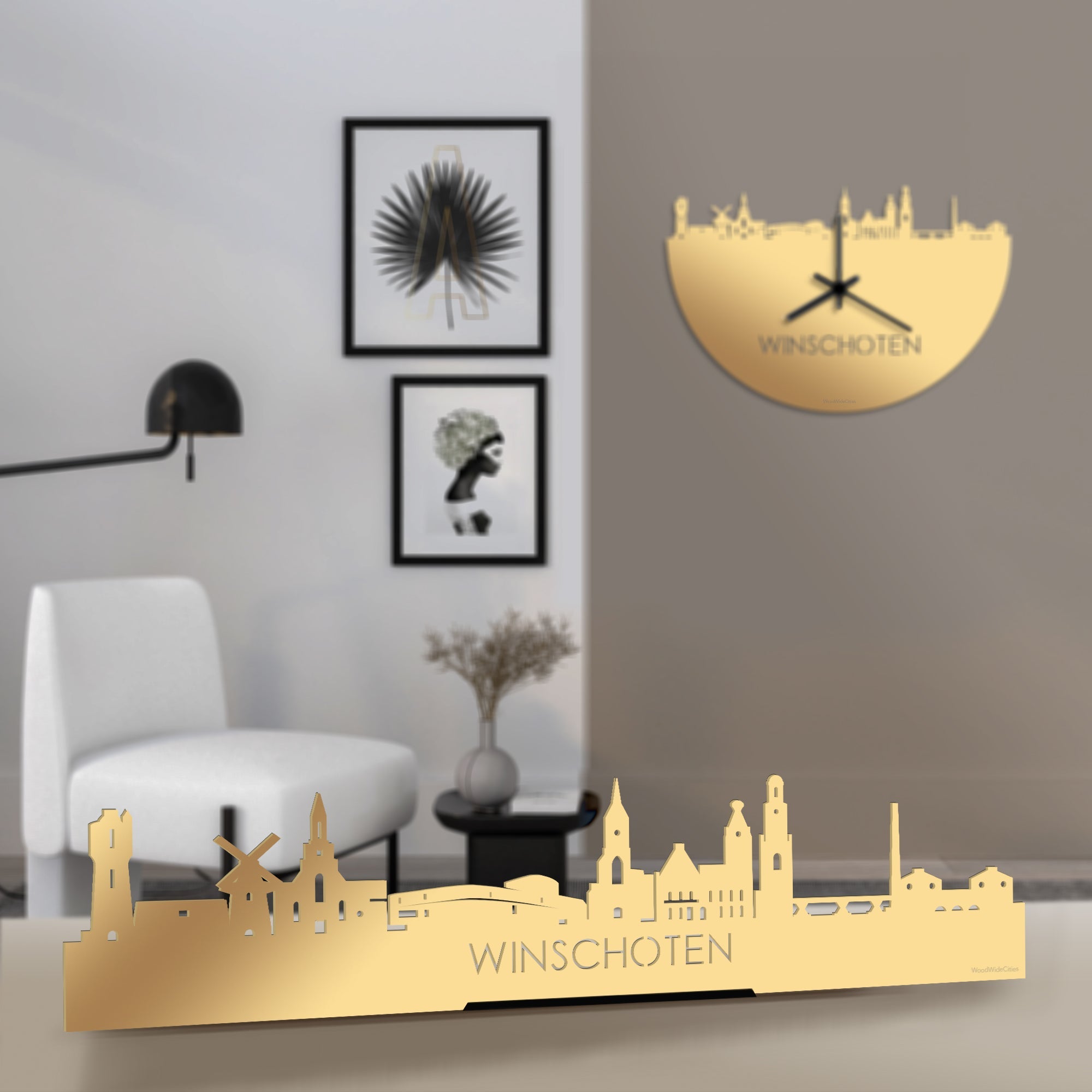 Standing Skyline Winschoten Metallic Goud gerecycled kunststof cadeau decoratie relatiegeschenk van WoodWideCities