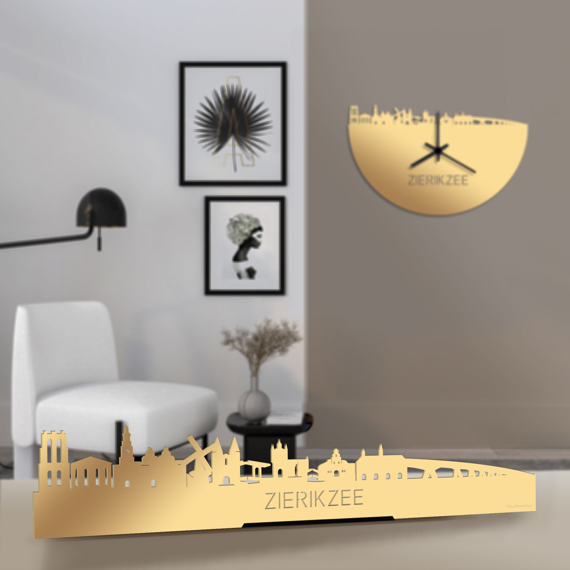 Standing Skyline Zierikzee Metallic Goud gerecycled kunststof cadeau decoratie relatiegeschenk van WoodWideCities