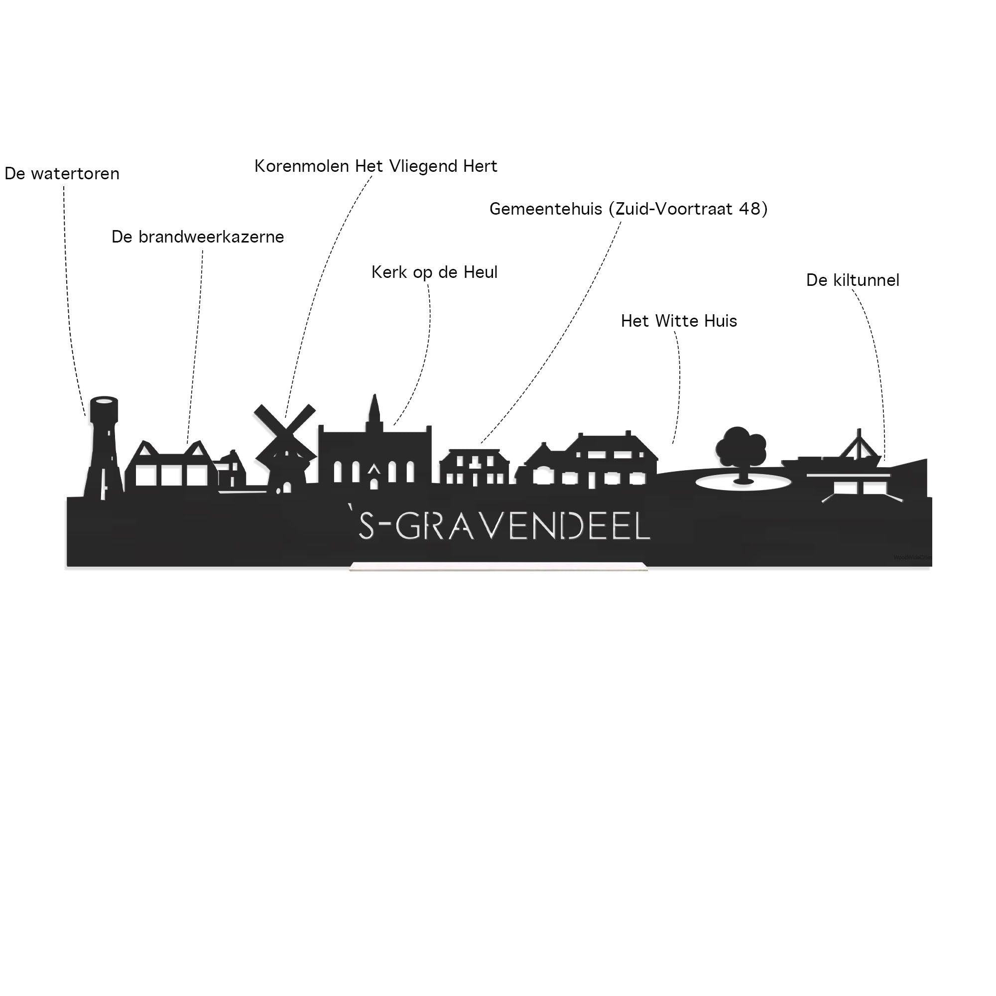 Standing Skyline 's-Gravendeel Zwart houten cadeau decoratie relatiegeschenk van WoodWideCities