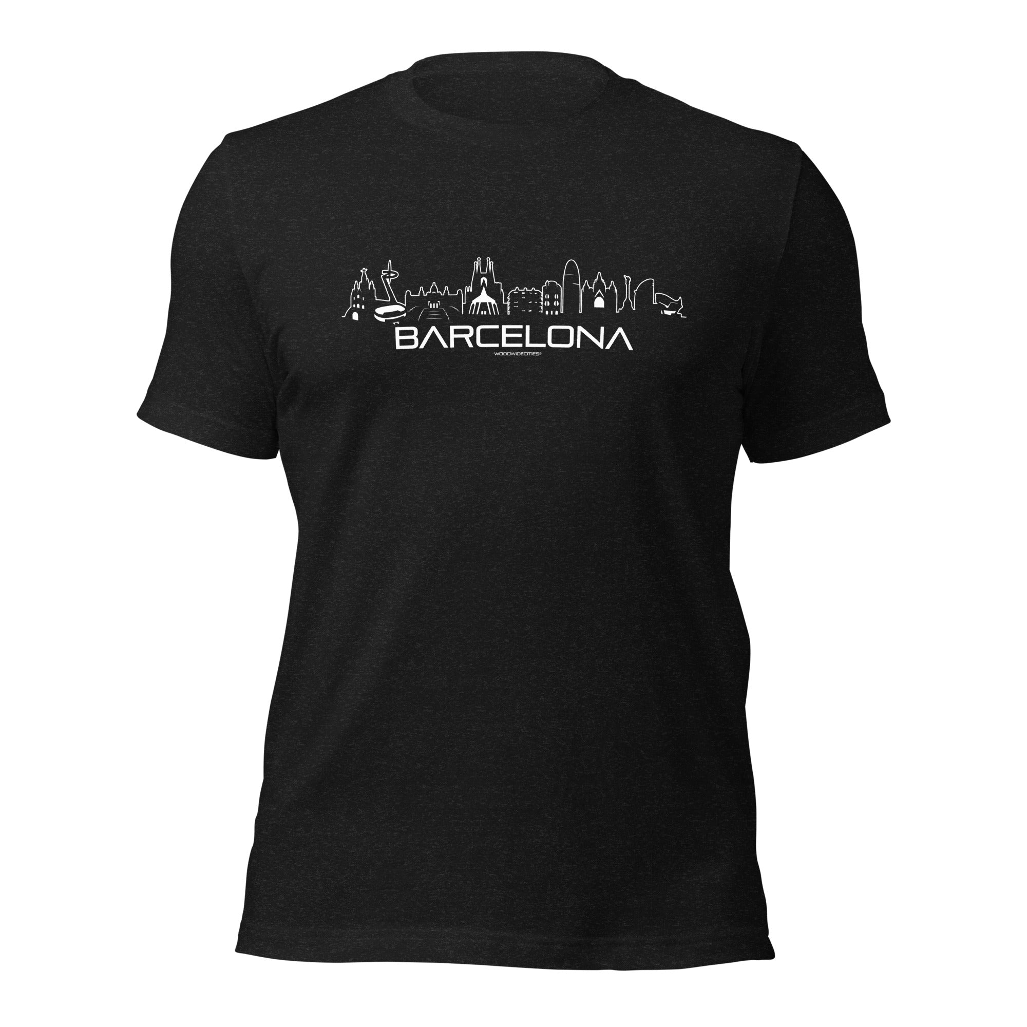 T-Shirt Barcelona Black Heather S houten cadeau decoratie relatiegeschenk van WoodWideCities