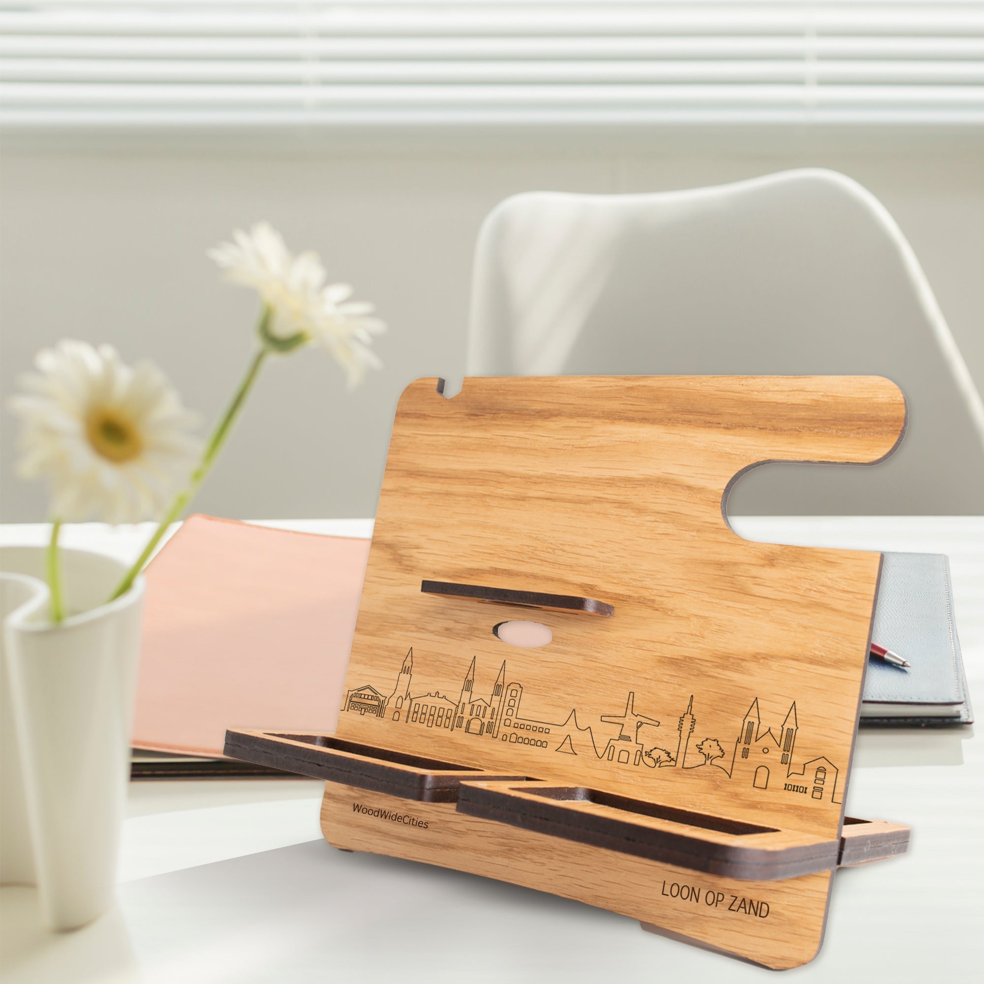 Skyline Desk Organizer Loon op Zand houten cadeau decoratie relatiegeschenk van WoodWideCities