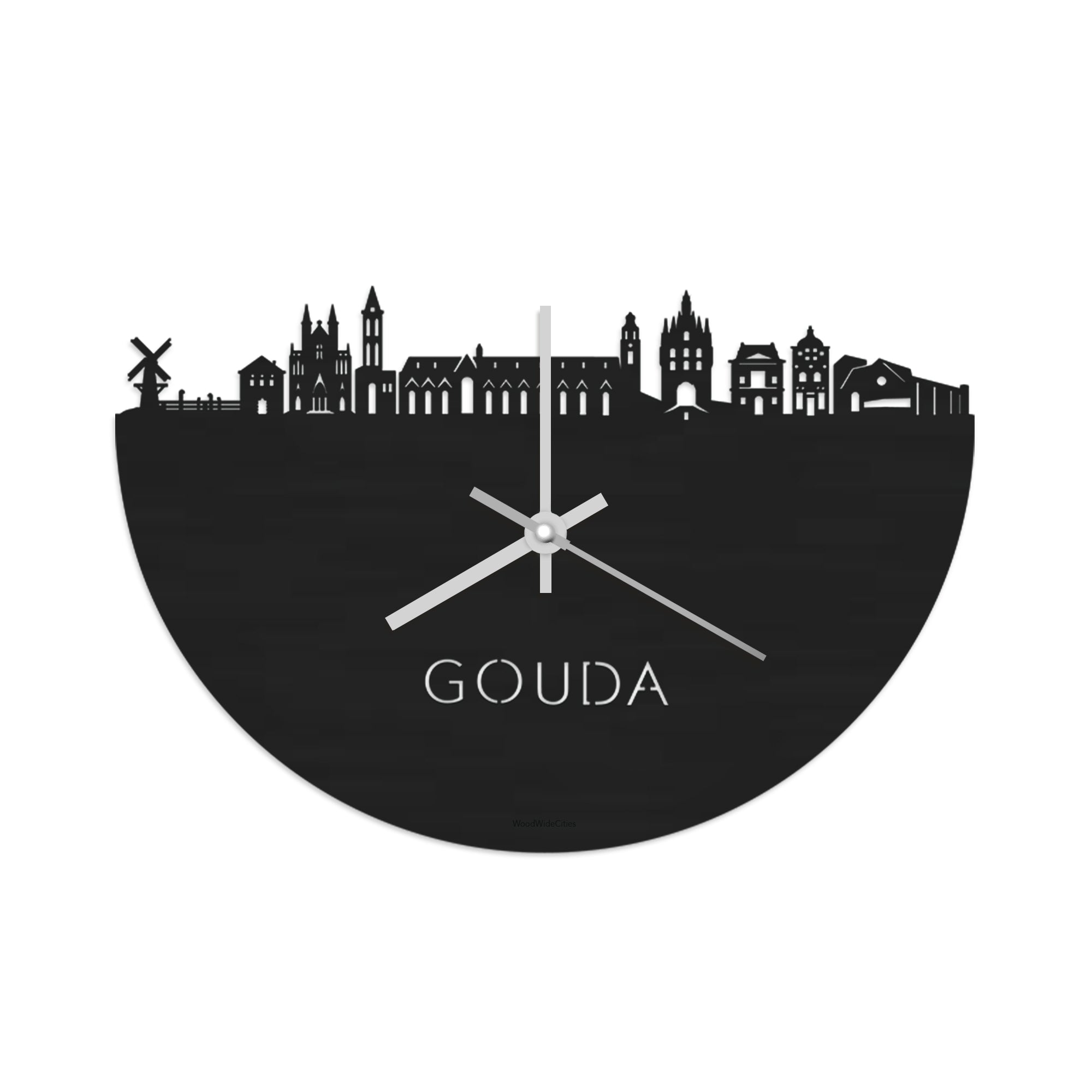 Skyline Klok Gouda Black Zwart houten cadeau wanddecoratie relatiegeschenk van WoodWideCities