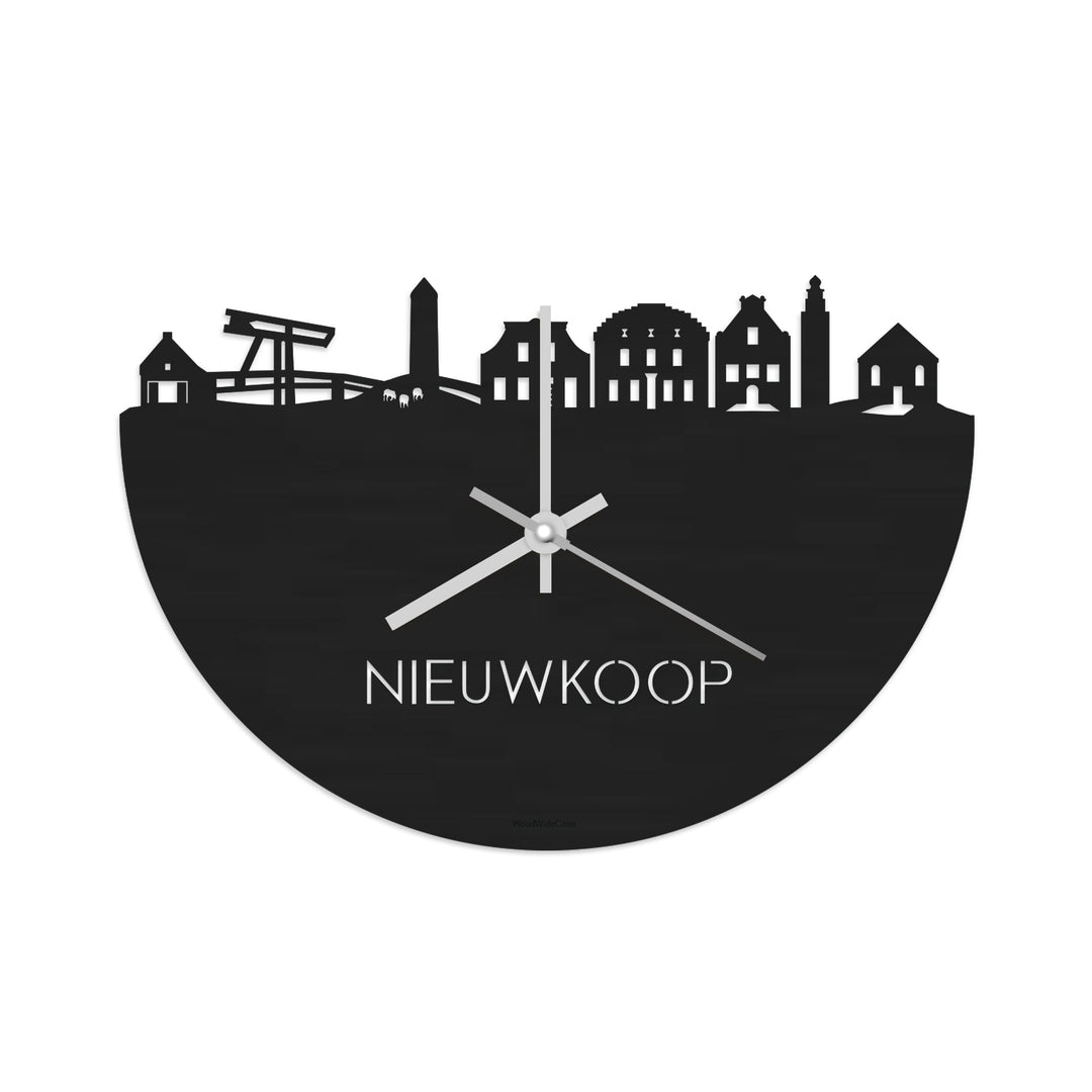 Skyline Klok Nieuwkoop Black Zwart houten cadeau wanddecoratie relatiegeschenk van WoodWideCities