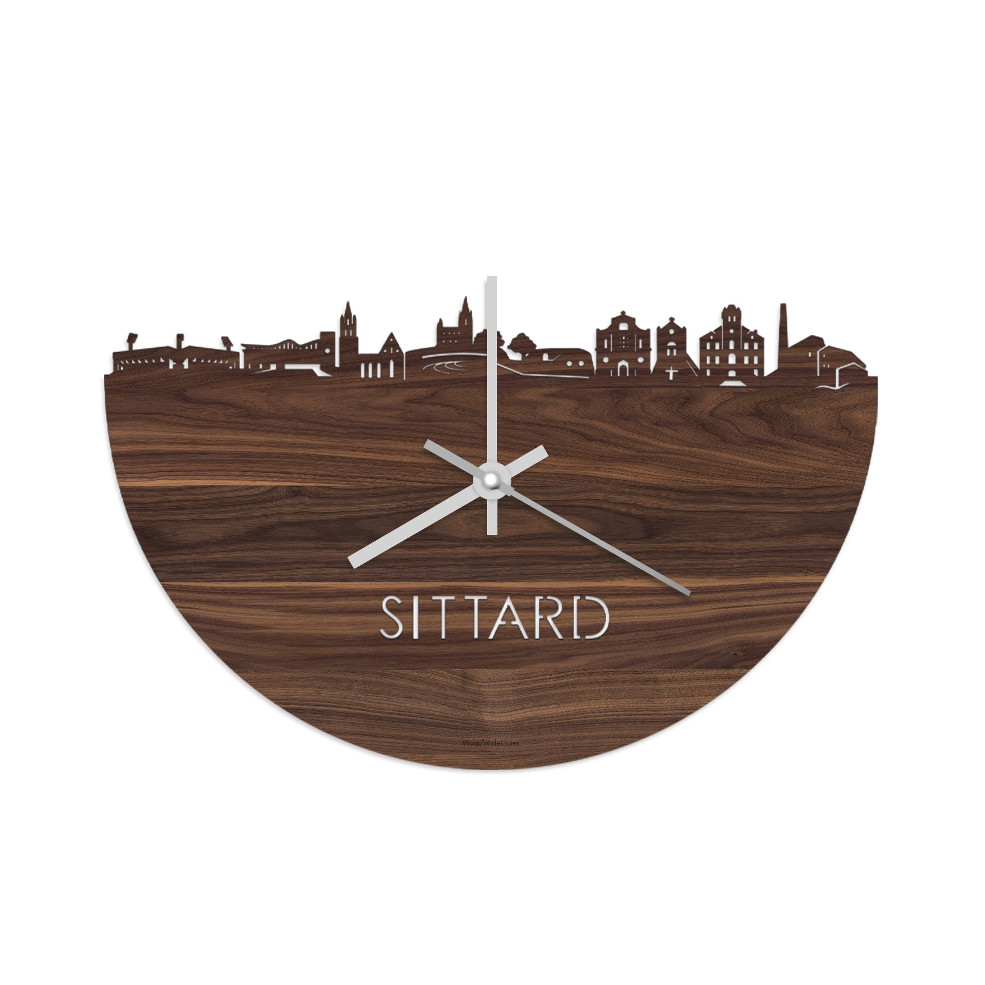 Skyline Klok Sittard Noten houten cadeau wanddecoratie relatiegeschenk van WoodWideCities