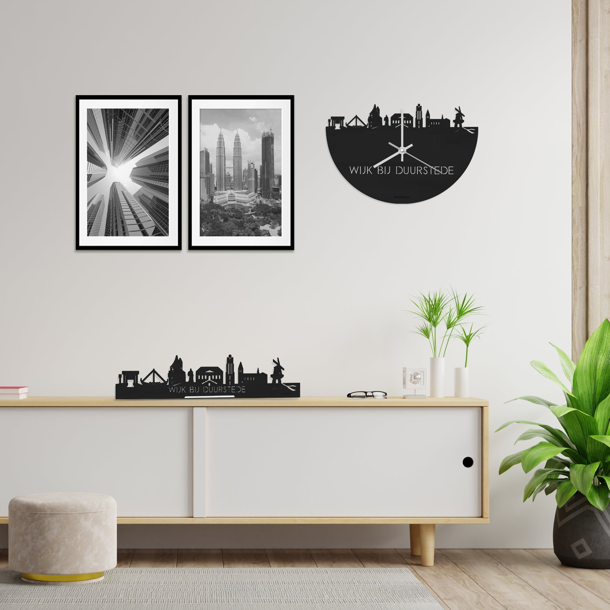 Skyline Klok Wijk bij Duurstede Black Zwart houten cadeau wanddecoratie relatiegeschenk van WoodWideCities