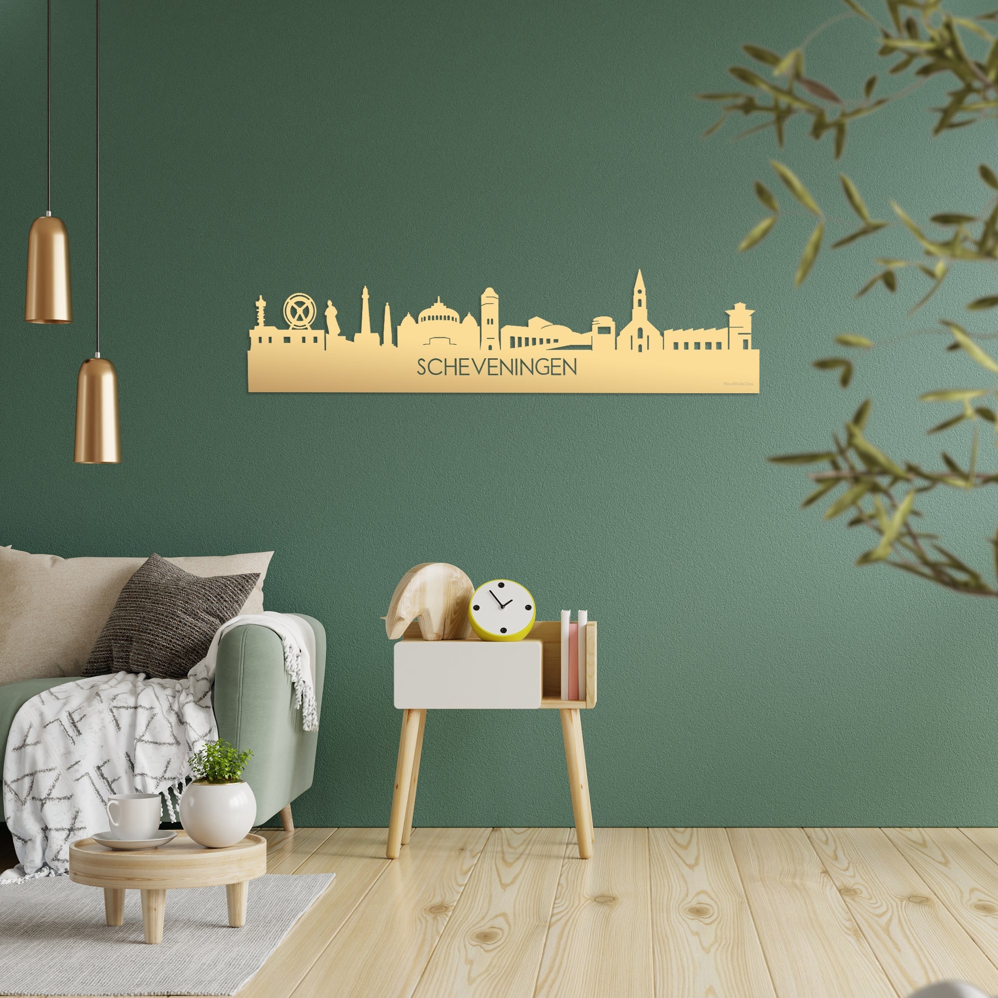 Skyline Scheveningen Metallic Goud gerecycled kunststof cadeau decoratie relatiegeschenk van WoodWideCities