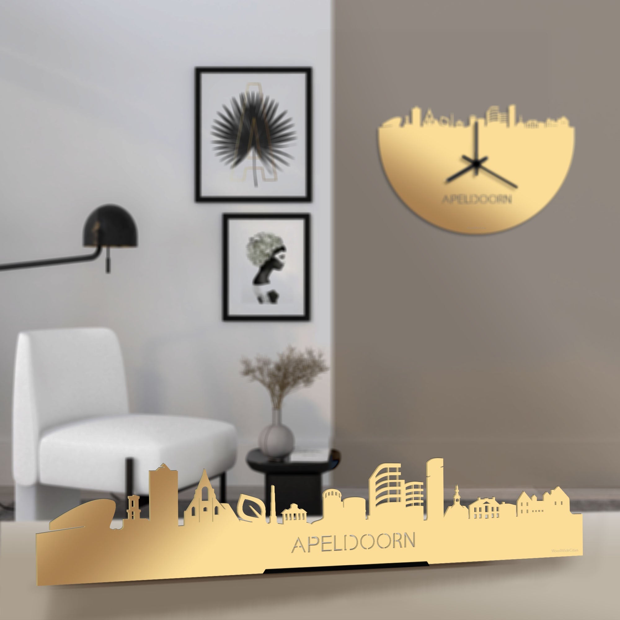 Standing Skyline Apeldoorn Metallic Goud gerecycled kunststof cadeau decoratie relatiegeschenk van WoodWideCities