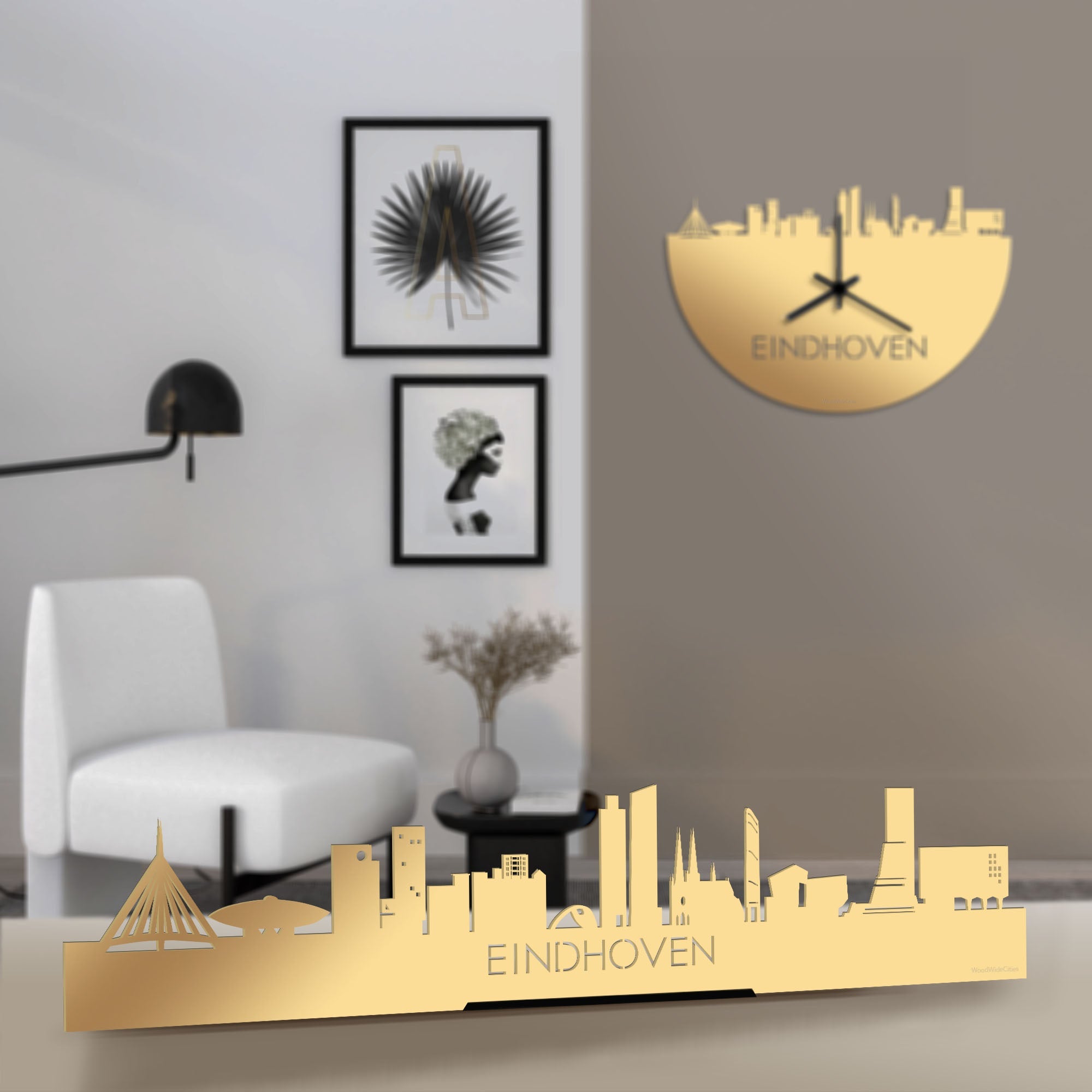 Standing Skyline Eindhoven Metallic Goud gerecycled kunststof cadeau decoratie relatiegeschenk van WoodWideCities