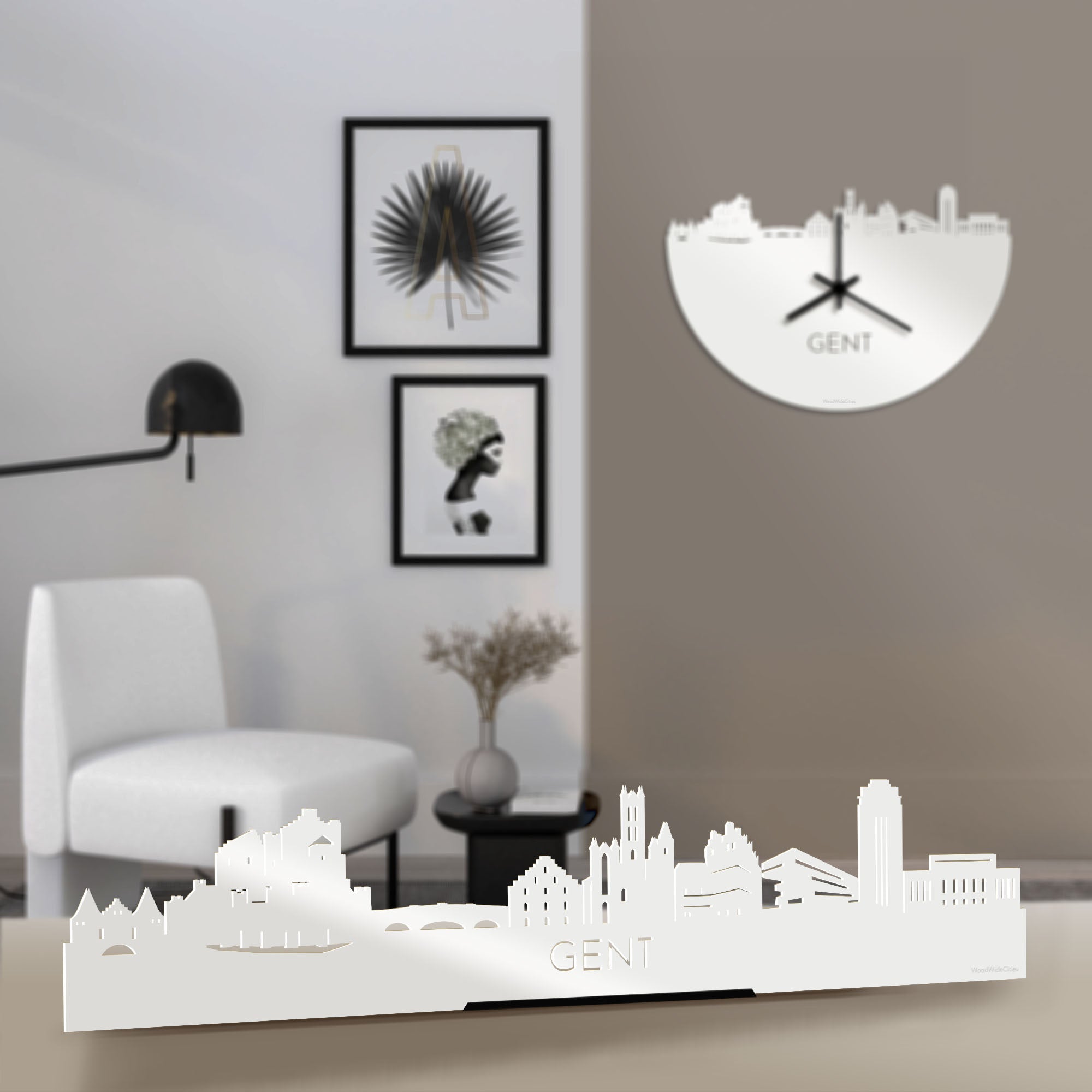 Standing Skyline Gent Wit glanzend gerecycled kunststof cadeau decoratie relatiegeschenk van WoodWideCities