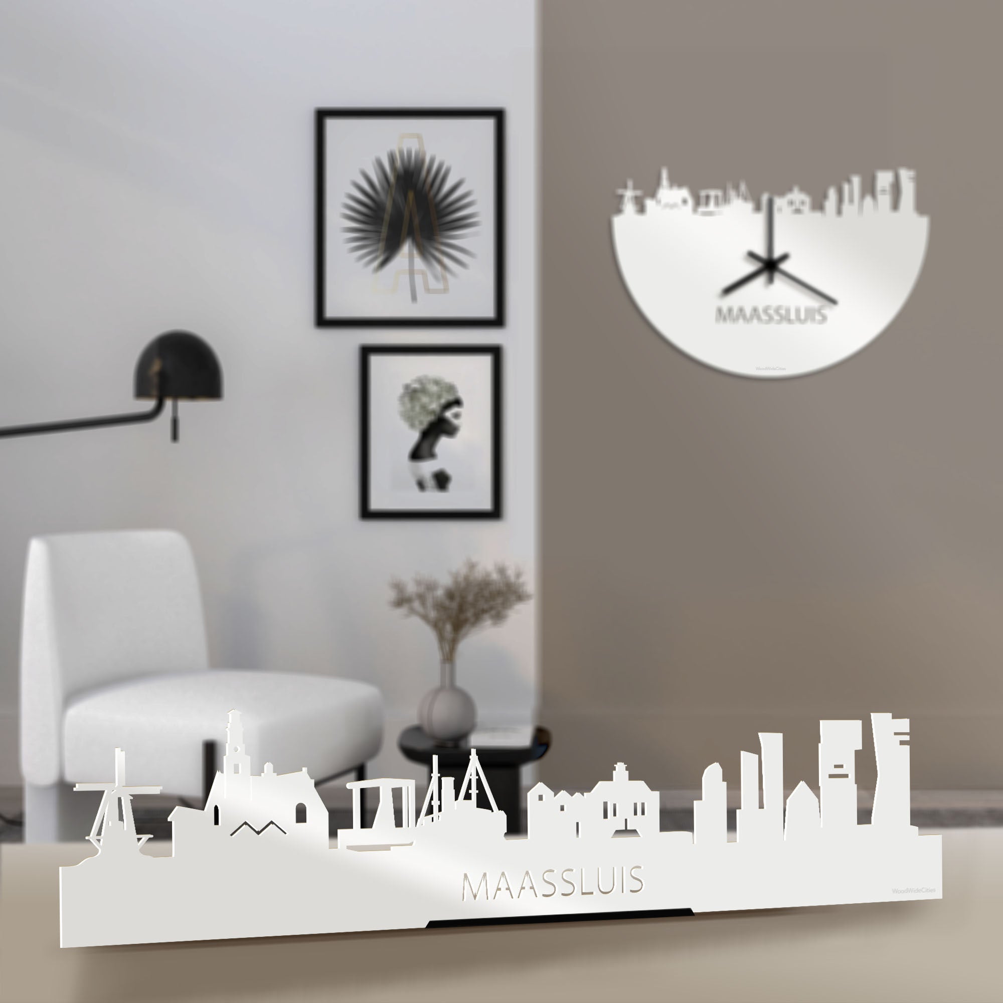 Standing Skyline Maassluis Wit glanzend gerecycled kunststof cadeau decoratie relatiegeschenk van WoodWideCities