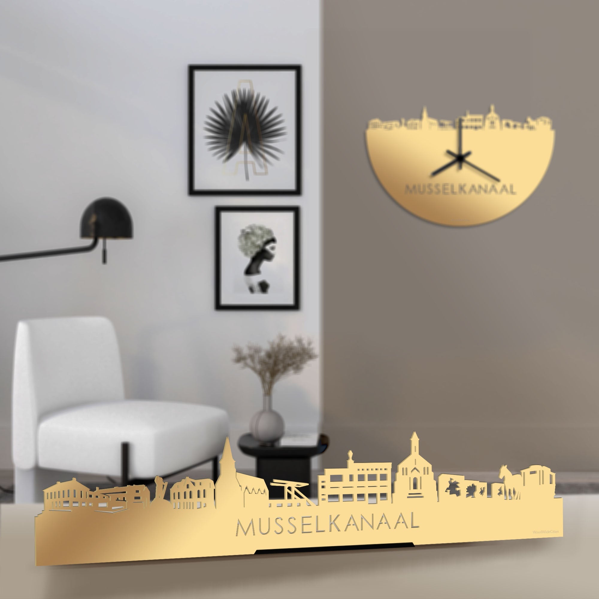 Standing Skyline Musselkanaal Metallic Goud gerecycled kunststof cadeau decoratie relatiegeschenk van WoodWideCities