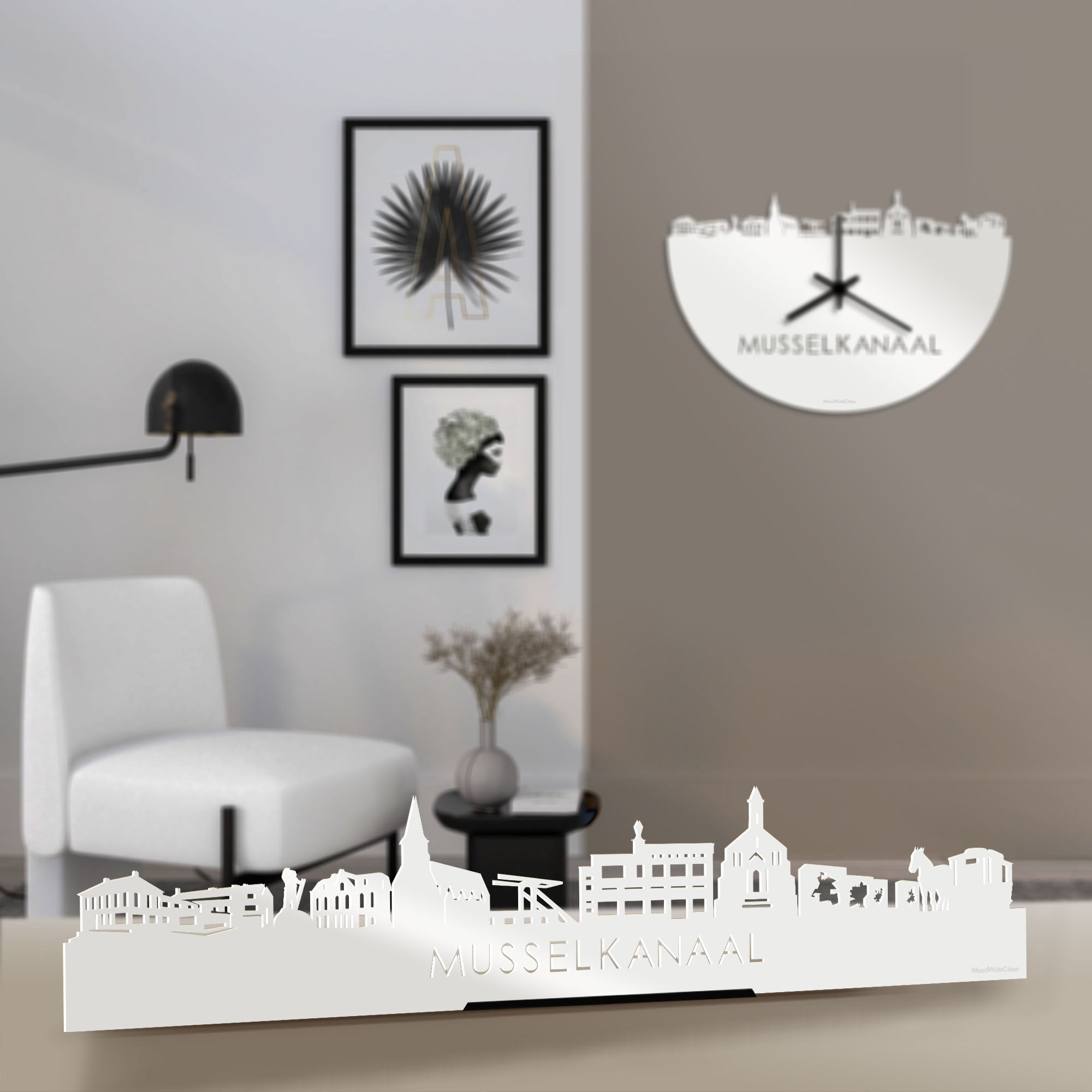 Standing Skyline Musselkanaal Wit glanzend gerecycled kunststof cadeau decoratie relatiegeschenk van WoodWideCities